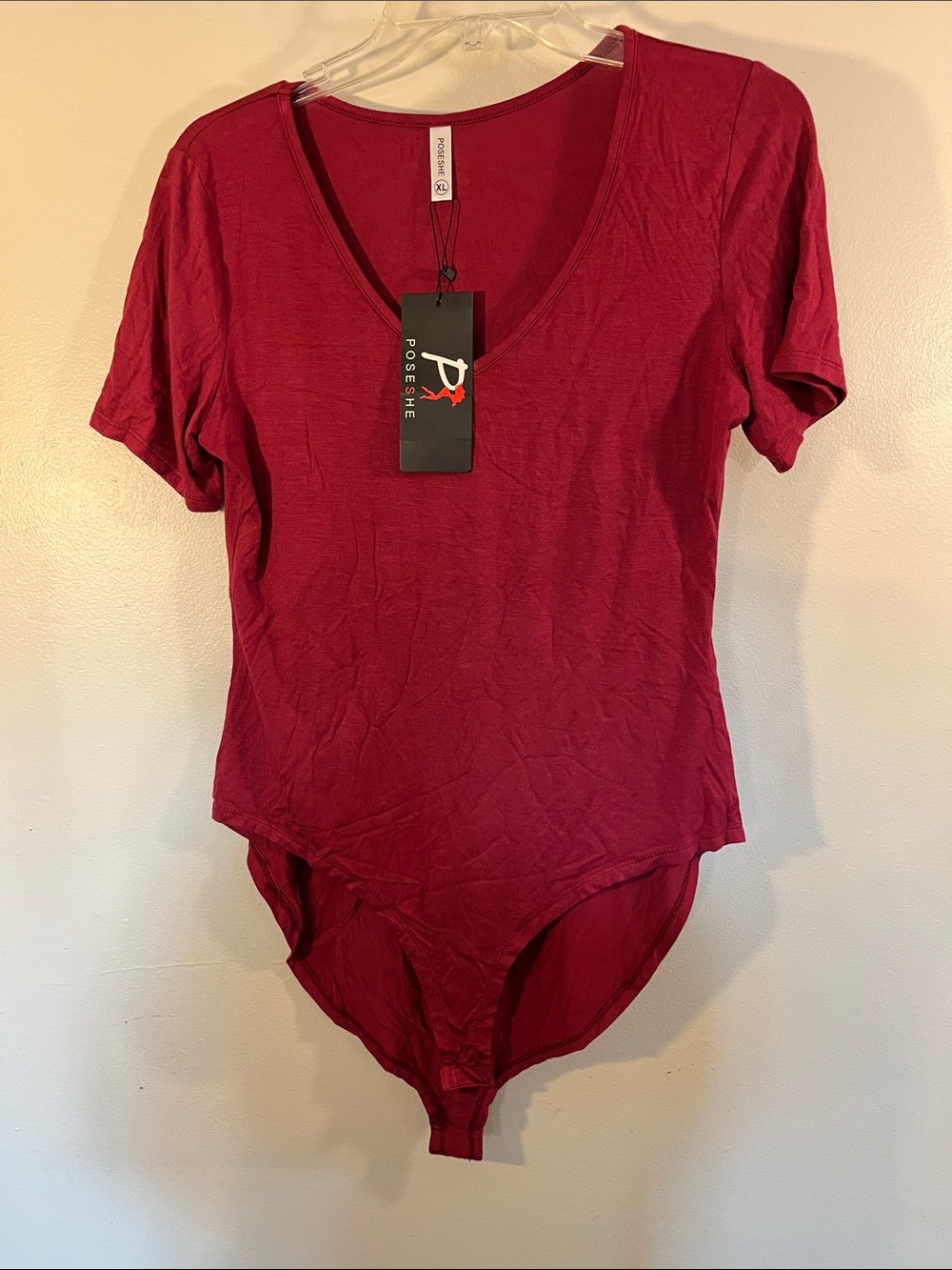 Poseshé V-Neck Short Sleeve Bodysuit in Wine